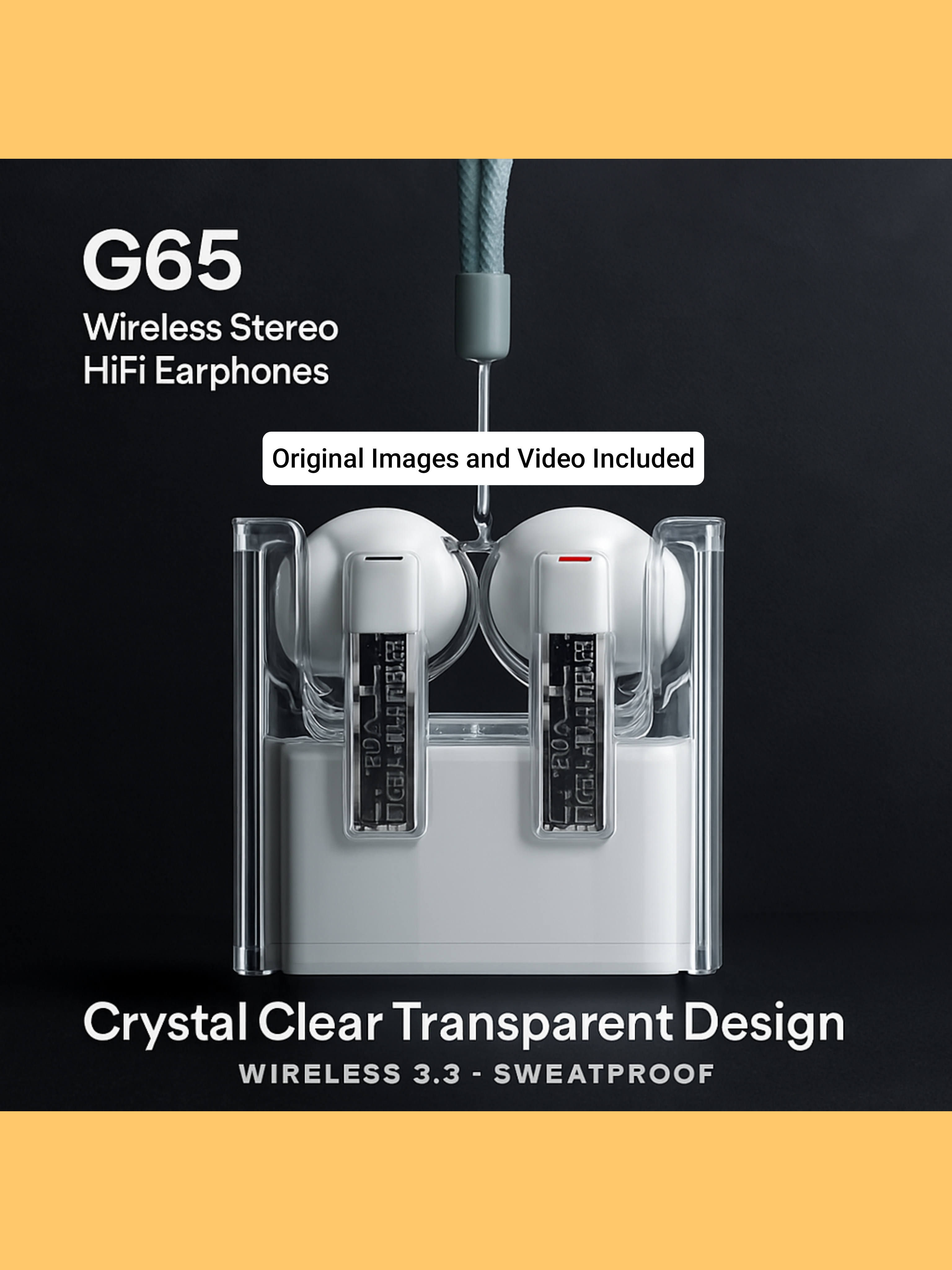 G65 "Crystal Tech" Transparent HiFi Earbuds (Bluetooth 5.3, ANC, 7H Battery & Wearable Lanyard) "Trendy Product"